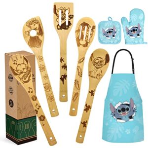 christmas gift for women mom birthday gift from daughter - wooden spoons for cooking bamboo kitchen cooking utensils set with apron oven mitt potholder set - great mother's day gift