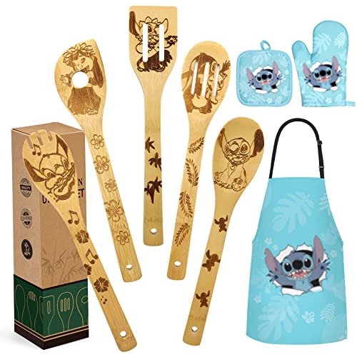 Christmas Gift for Women Mom Birthday Gift from Daughter - Wooden Spoons for Cooking Bamboo Kitchen Cooking Utensils Set with Apron Oven Mitt Potholder Set - Great Mother's Day Gift