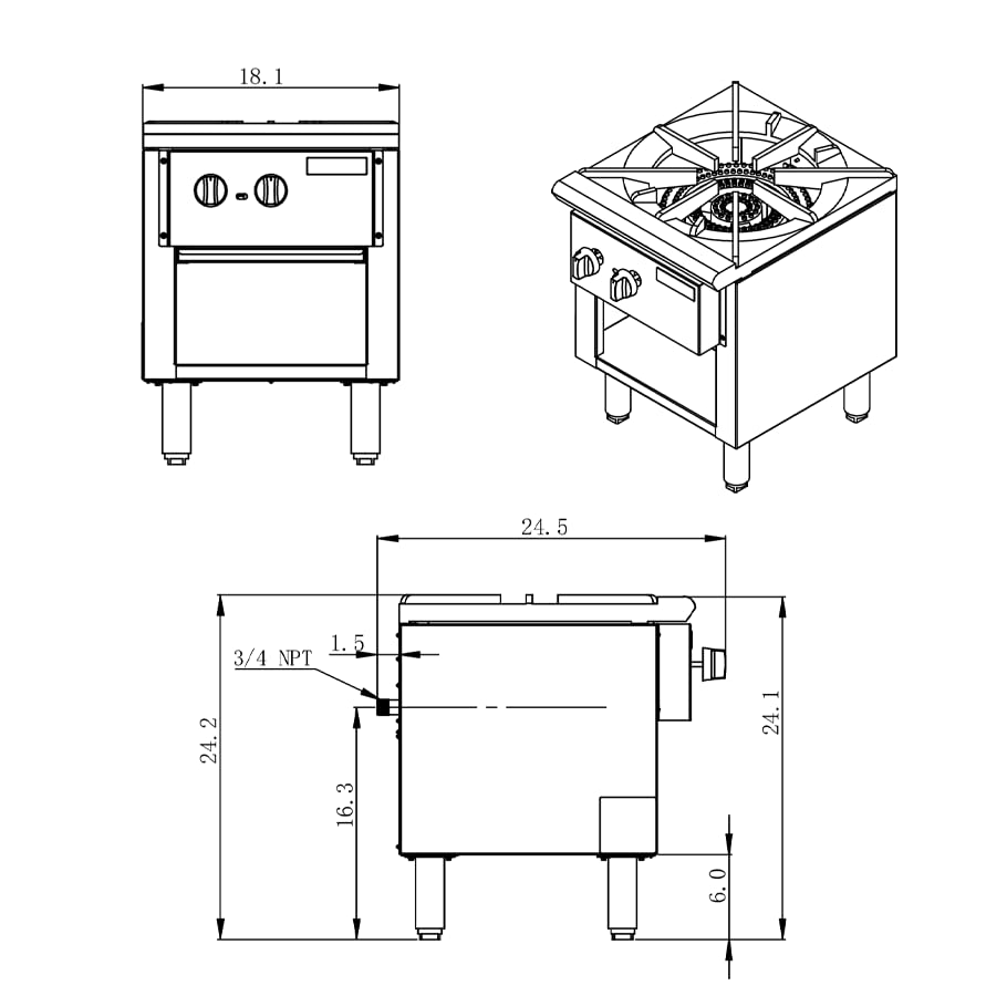 ERUPTA 18'' Single Gas StockPot Stove,Natural and Propane Gas Stove,Commercial Hot Plate for Soup,Stainless Steel Work Stove,3-Ring Cast Iron Burner Total BTU 90,000 Restaurant Equipment