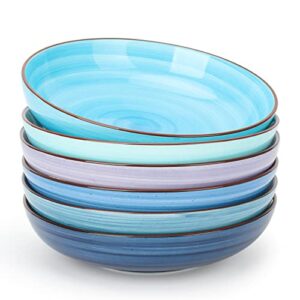 kitchentour ceramic pasta bowls - large salad bowls porcelain serving bowl set 26 ounce - 8 inch soup bowl - dishwasher and microwave safe - set of 6, assorted cool colors