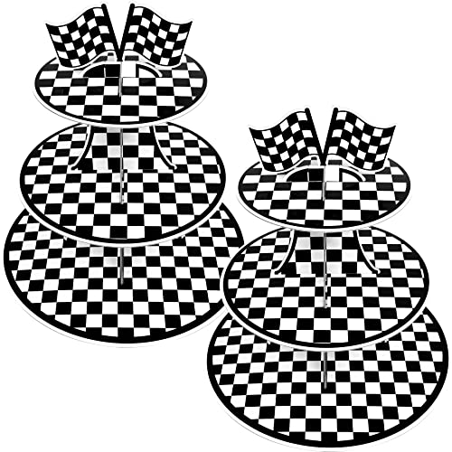 2 Set 3-Tier Racing Car Theme Round Cardboard Cupcake Stand for 24 Cupcakes Perfect for Racing Cars Birthday Party Supplies Black and White Checkered Party Decorations Let's Go Racing Car Party Decor