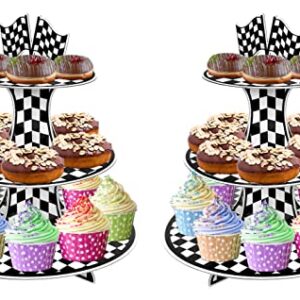 2 Set 3-Tier Racing Car Theme Round Cardboard Cupcake Stand for 24 Cupcakes Perfect for Racing Cars Birthday Party Supplies Black and White Checkered Party Decorations Let's Go Racing Car Party Decor