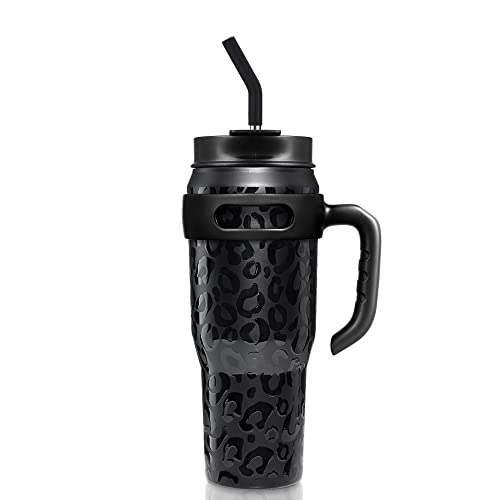 Zibtes 40oz Insulated Tumbler With Lid and Straws, Stainless Steel Double Vacuum Coffee Tumbler With Handle, Keeps Drinks Cold up to 34 Hours or Hot for 12 Hours(Black Leopard 1 pack)