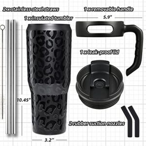 Zibtes 40oz Insulated Tumbler With Lid and Straws, Stainless Steel Double Vacuum Coffee Tumbler With Handle, Keeps Drinks Cold up to 34 Hours or Hot for 12 Hours(Black Leopard 1 pack)