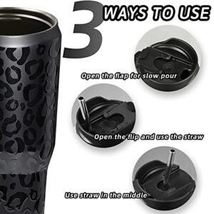 Zibtes 40oz Insulated Tumbler With Lid and Straws, Stainless Steel Double Vacuum Coffee Tumbler With Handle, Keeps Drinks Cold up to 34 Hours or Hot for 12 Hours(Black Leopard 1 pack)