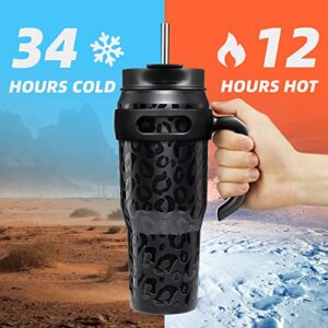 Zibtes 40oz Insulated Tumbler With Lid and Straws, Stainless Steel Double Vacuum Coffee Tumbler With Handle, Keeps Drinks Cold up to 34 Hours or Hot for 12 Hours(Black Leopard 1 pack)