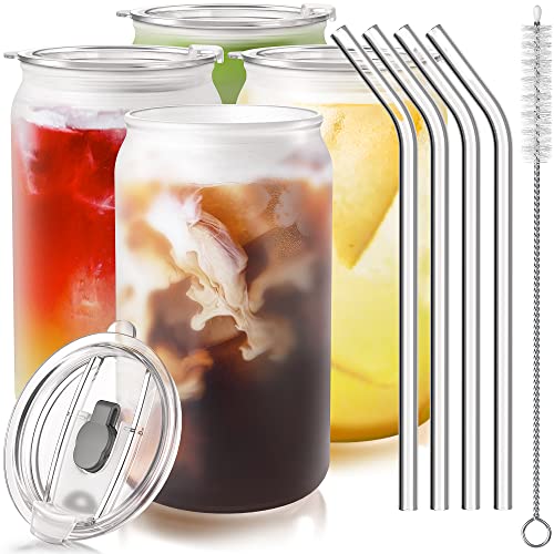 Lunnix Drinking Glasses with Lids and Glass Straw 4pcs Set - 16oz Can Shaped Glass Cups, Beer Glasses, Iced Coffee Glasses, Cute Tumbler Cup, Ideal for Cocktail, Whiskey, Gift, Tea - 1 Cleaning Brush