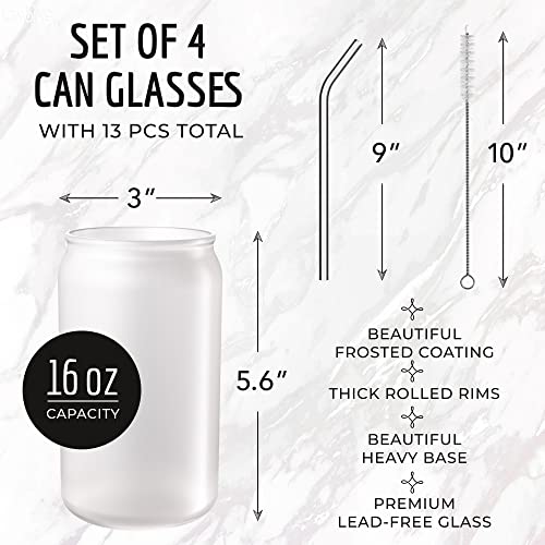 Lunnix Drinking Glasses with Lids and Glass Straw 4pcs Set - 16oz Can Shaped Glass Cups, Beer Glasses, Iced Coffee Glasses, Cute Tumbler Cup, Ideal for Cocktail, Whiskey, Gift, Tea - 1 Cleaning Brush