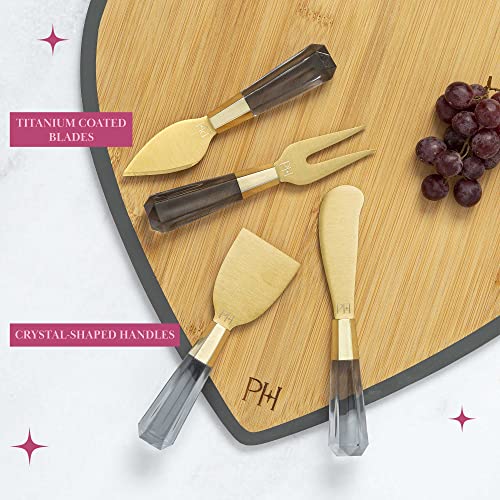 Paris Hilton Charcuterie Board and Serving Set, Bamboo Serving Board, Ceramic Dish, Cheese Utensils with Titanium Coated Blades, 6-Piece Set, Charcoal Gray