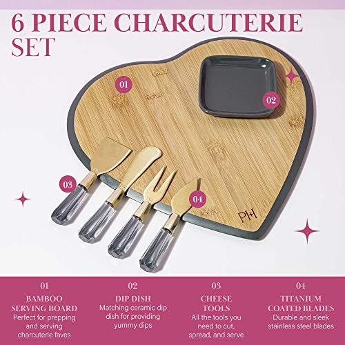 Paris Hilton Charcuterie Board and Serving Set, Bamboo Serving Board, Ceramic Dish, Cheese Utensils with Titanium Coated Blades, 6-Piece Set, Charcoal Gray