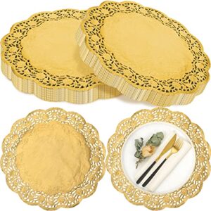 200 pcs 14 inch doilies paper doilies round lace paper doilies disposable foil lace paper doilies placemats doily paper pad paper placemats for cakes crafts party weddings tableware (gold, round)