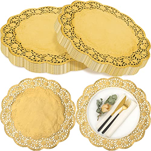 200 Pcs 14 Inch Doilies Paper Doilies Round Lace Paper Doilies Disposable Foil Lace Paper Doilies Placemats Doily Paper Pad Paper Placemats for Cakes Crafts Party Weddings Tableware (Gold, Round)