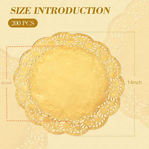 200 Pcs 14 Inch Doilies Paper Doilies Round Lace Paper Doilies Disposable Foil Lace Paper Doilies Placemats Doily Paper Pad Paper Placemats for Cakes Crafts Party Weddings Tableware (Gold, Round)