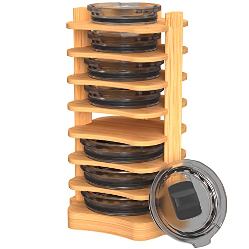 YAJR Tumbler Lid Organizer for Kitchen Cabinet, Freestanding Tumbler Lid Holder for Countertop, Bamboo Tumbler Lid Storage Rack, Tumbler Lid Organization for Cupboard Coffee Cup Lid Storage