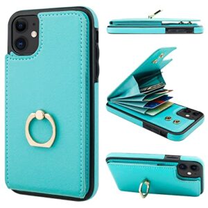 folosu compatible with iphone 11 case wallet with card holder, 360°rotation finger ring holder kickstand protective rfid blocking pu leather double buttons flip shockproof cover 6.1 inch green