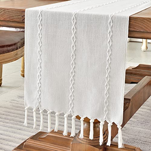 Wracra Rustic Linen Table Runner Farmhouse Style Table Runners 72 inches Long Embroidered Table Runner with Hand-Tassels for Party, Dresser Decor and Dining Room Decorations (White, 13"×72")