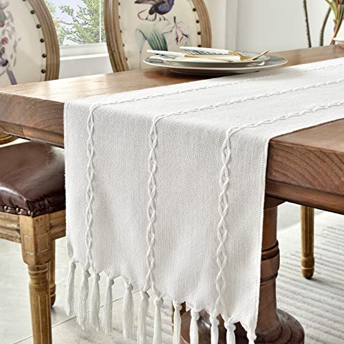 Wracra Rustic Linen Table Runner Farmhouse Style Table Runners 72 inches Long Embroidered Table Runner with Hand-Tassels for Party, Dresser Decor and Dining Room Decorations (White, 13"×72")