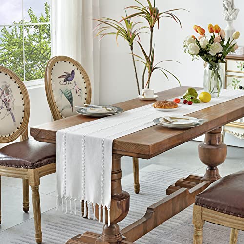 Wracra Rustic Linen Table Runner Farmhouse Style Table Runners 72 inches Long Embroidered Table Runner with Hand-Tassels for Party, Dresser Decor and Dining Room Decorations (White, 13"×72")