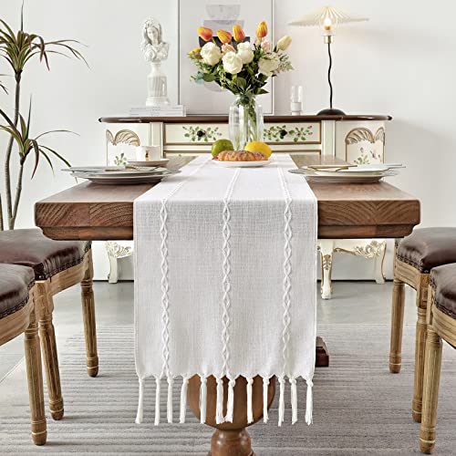 Wracra Rustic Linen Table Runner Farmhouse Style Table Runners 72 inches Long Embroidered Table Runner with Hand-Tassels for Party, Dresser Decor and Dining Room Decorations (White, 13"×72")