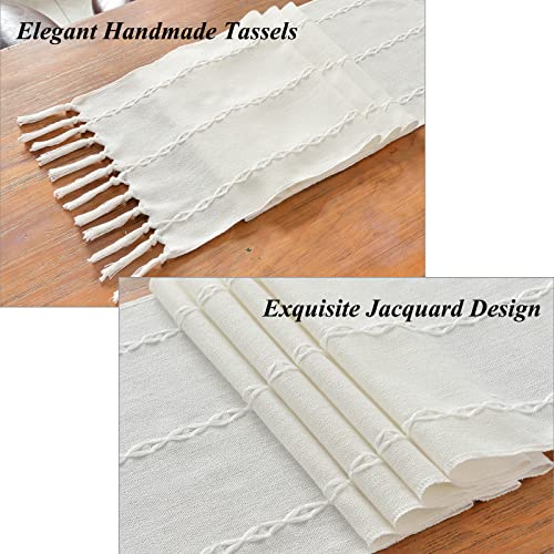 Wracra Rustic Linen Table Runner Farmhouse Style Table Runners 72 inches Long Embroidered Table Runner with Hand-Tassels for Party, Dresser Decor and Dining Room Decorations (White, 13"×72")