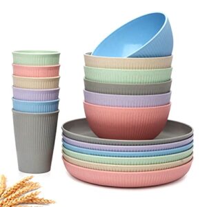 wheat straw dinnerware set, 18 pcs unbreakable reusable plates, cups and bowls set for 6, lightweight dinner plates and bowls, top-rack dishwasher safe
