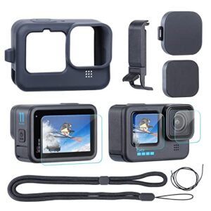 seasky 6 in 1 protective kit accessories for gopro hero 11/10/9 black action camera silicone shell case housing+3pcs glass screen protector+directly chargeable side cover+lens cover cap+lanyard
