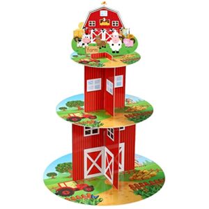 farm cupcake stand 3 tier farm theme animal cup cake holder stand cardboard farmhouse dessert tower round barnyard pastry serving platter for farm party supplies birthday baby shower party decorations
