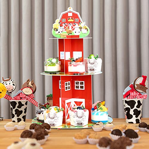 Farm Cupcake Stand 3 Tier Farm Theme Animal Cup Cake Holder Stand Cardboard Farmhouse Dessert Tower Round Barnyard Pastry Serving Platter for Farm Party Supplies Birthday Baby Shower Party Decorations