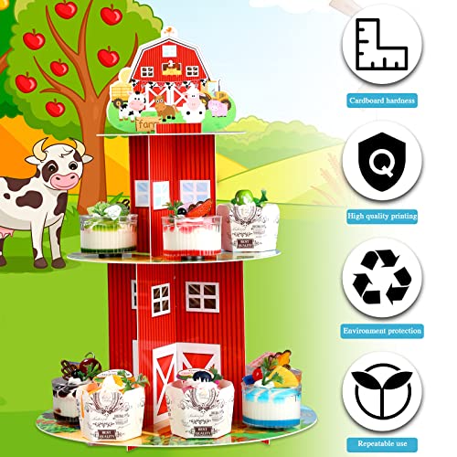 Farm Cupcake Stand 3 Tier Farm Theme Animal Cup Cake Holder Stand Cardboard Farmhouse Dessert Tower Round Barnyard Pastry Serving Platter for Farm Party Supplies Birthday Baby Shower Party Decorations