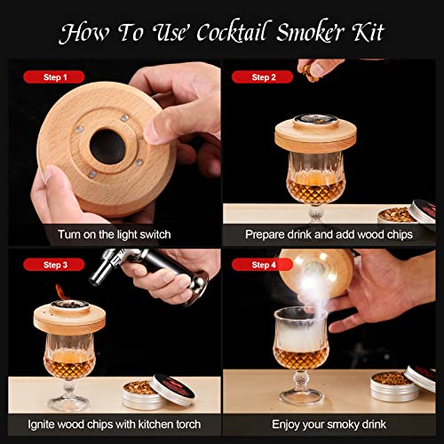 2023 New Cocktail Smoker Kit with Torch with 4 Wood Chips Flavors, Old Fashioned Drink Smoker with Light Up LED Coaster, Infuse Cocktails, Wine, Whiskey, Cheese, Salad, Meats, Whiskey Gifts for Men Women (No Butane)