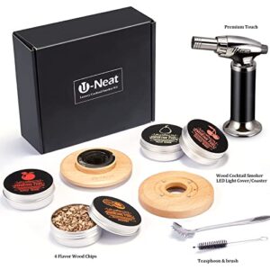 2023 New Cocktail Smoker Kit with Torch with 4 Wood Chips Flavors, Old Fashioned Drink Smoker with Light Up LED Coaster, Infuse Cocktails, Wine, Whiskey, Cheese, Salad, Meats, Whiskey Gifts for Men Women (No Butane)