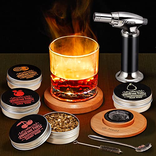2023 New Cocktail Smoker Kit with Torch with 4 Wood Chips Flavors, Old Fashioned Drink Smoker with Light Up LED Coaster, Infuse Cocktails, Wine, Whiskey, Cheese, Salad, Meats, Whiskey Gifts for Men Women (No Butane)
