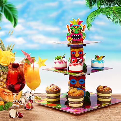 3 Tier Hawaiian Cupcake Stand Tiki Torch Cupcake Holder Luau Theme Cake Holder Decorations Tropical Cupcake Dessert Holder for Summer Pool Beach Birthday Party Supplies (1 Pack)