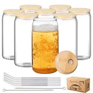 mmondod 8 pack glass cups with lids and straws,iced coffee cup,glass beer cups with bamboo lids and straws,can shaped glass cups,glass soda can cup,16 oz can tumbler glasses with lid and straw