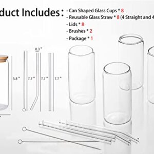 MMonDod 8 Pack Glass Cups with Lids and Straws,Iced Coffee Cup,Glass Beer Cups with Bamboo Lids and Straws,Can Shaped Glass Cups,Glass Soda Can Cup,16 oz Can Tumbler Glasses with Lid and Straw