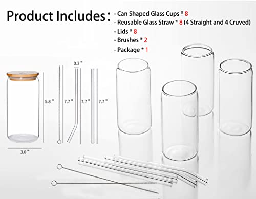 MMonDod 8 Pack Glass Cups with Lids and Straws,Iced Coffee Cup,Glass Beer Cups with Bamboo Lids and Straws,Can Shaped Glass Cups,Glass Soda Can Cup,16 oz Can Tumbler Glasses with Lid and Straw