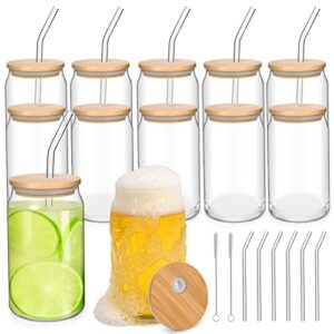 drinking glasses with bamboo lids and glass straw-16oz can shaped glass cups,beer glasses,iced coffee glasses,ideal for cocktail,whiske,soda,bubble tea,juicing, smoothies(12pcs set+2 cleaning brushes