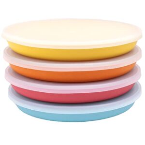 weesprout bamboo, silicone, melamine dishware plate with lids, set of 4, kid-sized design for leftovers, dishwasher safe (blue, yellow, orange, and red)