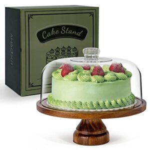 anboxit cake stand with dome lid, acacia wood cake plate with cover, wooden cake display stand with acrylic dome - footed