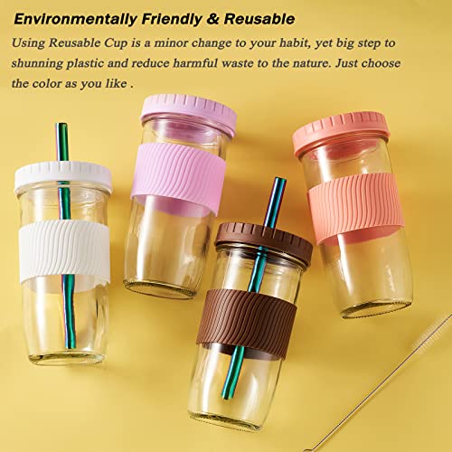 Amyoole 2 Pack Reusable Boba Cup,24Oz Wide Mouth Smoothie Cup,mason Jar Glass Cups with Lids and Straws,Bubble/Boba Tea Cups,Ice Coffee Tumbler 2 colored straws 1 sponge brush(Black)