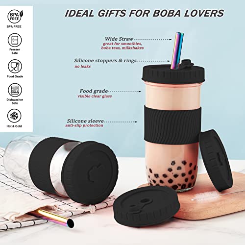 Amyoole 2 Pack Reusable Boba Cup,24Oz Wide Mouth Smoothie Cup,mason Jar Glass Cups with Lids and Straws,Bubble/Boba Tea Cups,Ice Coffee Tumbler 2 colored straws 1 sponge brush(Black)