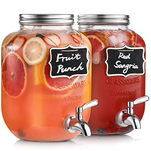 1-Gallon Glass Beverage Dispenser with Stainless Steel Spigot - [2 Pack] Drink Dispensers for Parties - Mason Jar Drinking Dispenser with Lid, Wooden Chalkboard