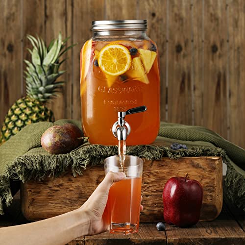 1-Gallon Glass Beverage Dispenser with Stainless Steel Spigot - [2 Pack] Drink Dispensers for Parties - Mason Jar Drinking Dispenser with Lid, Wooden Chalkboard