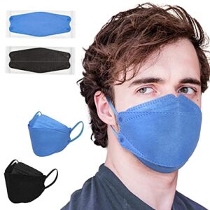 brodio 3d face mask 30 packs - individually wrapped safety mask multicolor breathable disposable 4-ply face mask with elastic ear loops for men & women (black+blue)