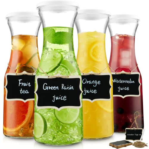 Set of 4 Glass Carafe Pitchers with 8 pcs Lids (USA MADE), 35 oz Beverage Pitcher Carafe Set for Mimosa Bar, Juice Container for Cold Water, Juice, Milk, Iced Tea, Lemonade - 6 Wooden Chalkboard Tags