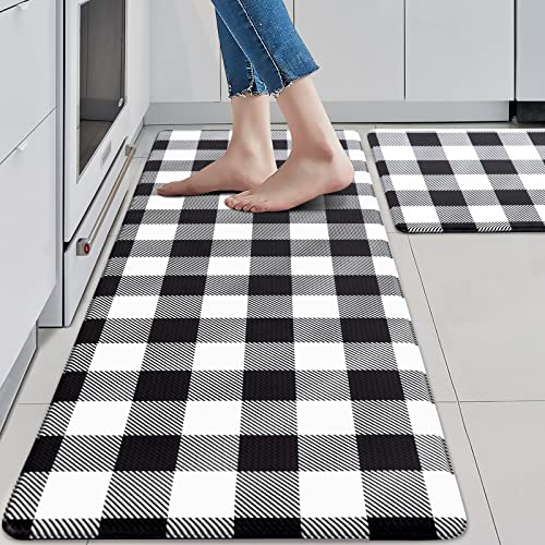 MAYHMYO Kitchen Mats 2 PCS Anti Fatigue Kitchen Rugs Non Skid Waterproof Kitchen Floor Mat Cushioned Black and White Kitchen Rugs Farmhouse Comfort Standing Kitchen Mats for Floor, House, Sink, Office