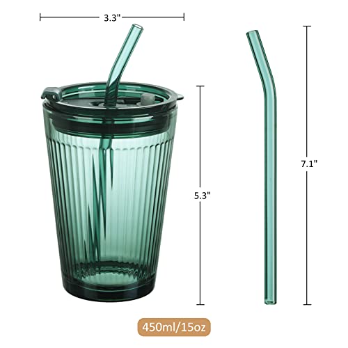 Joeyan Glass Tumbler with Straw and Lid,Green Glasses Water Cup with Straw,Colored Glass Drinking Jars for Juice Beverages Iced Coffee Tea Smoothie Soda Milk,15 oz,Set of 2,Dishwasher Safe