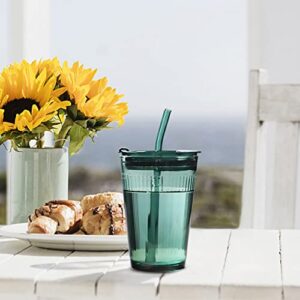 Joeyan Glass Tumbler with Straw and Lid,Green Glasses Water Cup with Straw,Colored Glass Drinking Jars for Juice Beverages Iced Coffee Tea Smoothie Soda Milk,15 oz,Set of 2,Dishwasher Safe