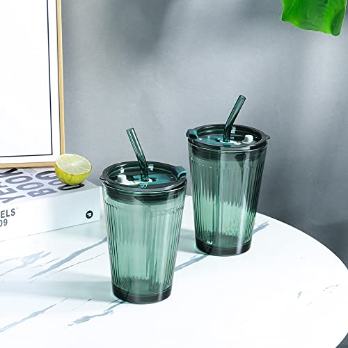 Joeyan Glass Tumbler with Straw and Lid,Green Glasses Water Cup with Straw,Colored Glass Drinking Jars for Juice Beverages Iced Coffee Tea Smoothie Soda Milk,15 oz,Set of 2,Dishwasher Safe