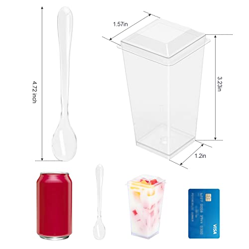 EASERCY 50 Pack 3 oz Square Mini Dessert Cups with Lids and Spoons Clear Dessert Shooter Cups with Spoons Parfait Cups with Lids Appetizer Cups for Party Small Plastic Dessert Cups for Pudding